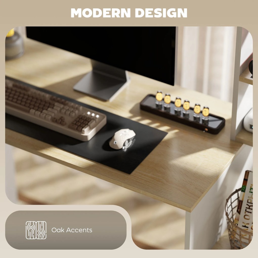 HOMCOM Biurko komputerowe z otwartymi półkami i przegródkami, stalowe, Jasnobrązowe+Białe