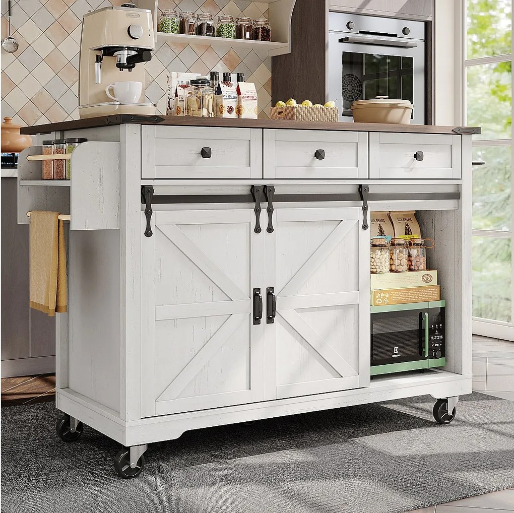 Wyspa kuchenna z opuszczanym blatem - Wózek kuchenny z 2 drzwiami przesuwnymi i 3 szufladami - wieszak na ręczniki i uchwyt na kubek - biały