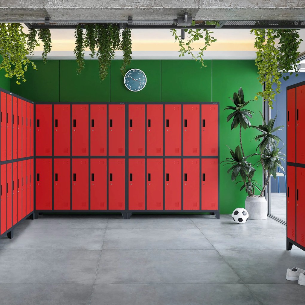 Szafa socjalna ubraniowa BHP 10-drzwiowa antracytowo-czerwona: BARTEK, 1360 x 1720 x 450 mm