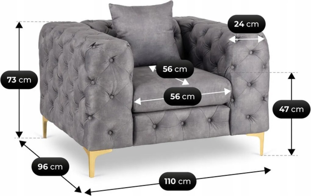 Fotel Wypoczynkowy SORRENTO 1S Szary Welurowy Nowoczesny Glamour