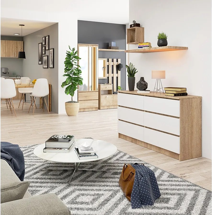 Komoda AKORD K140 Dąb Sonoma 138 cm 6 szuflad kolor Biały mat 138x40x77 cm
