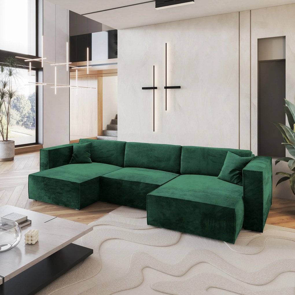 Masseno Narożnik SARMO z funkcją spania i pojemnikiem na pościel Narozniki U, Rozkładana sofa - Butelkowa zieleń, MONOLITH 37