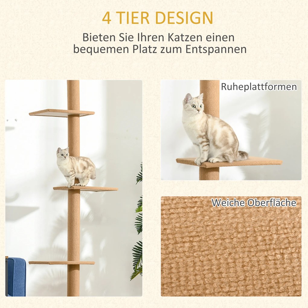 PawHut Drapak z regulowaną wysokością dla kota Brązowe drzewko wspinaczkowe z zabawkami 43x27x228-43cm | Aosom PL