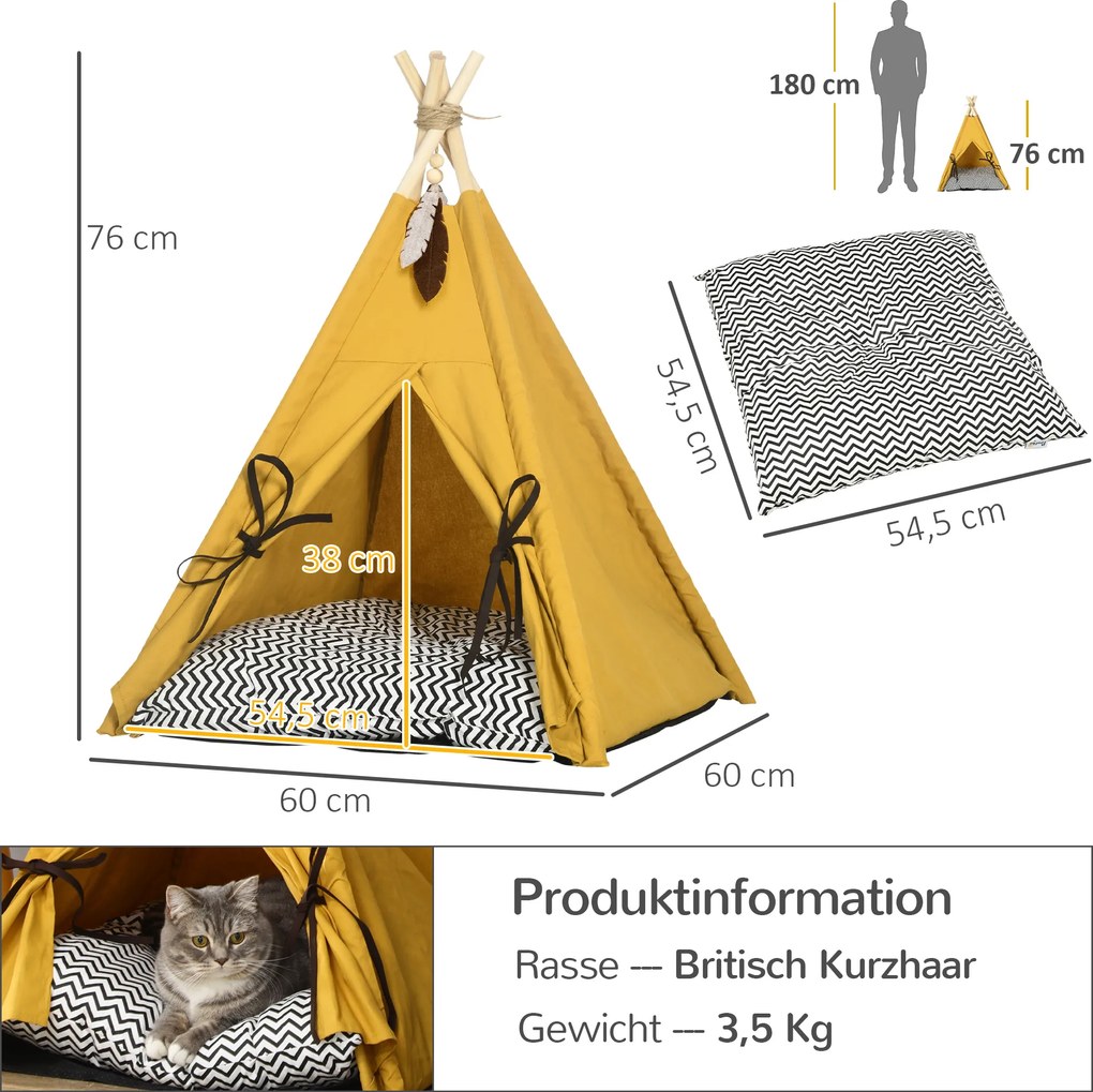 PawHut Namiot Tipi dla Kotów Łóżko w Stylu Żółtym Domek dla Zwierząt | Aosom PL