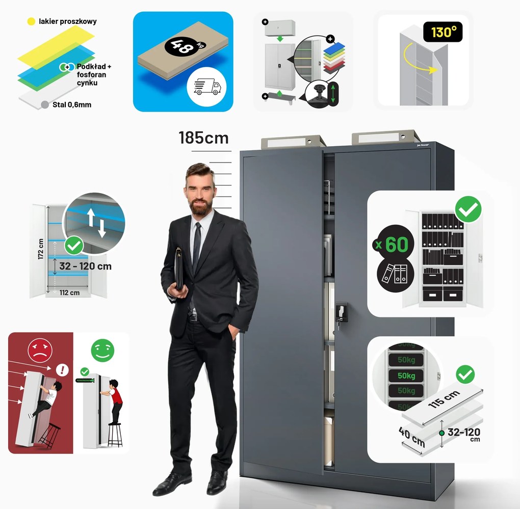 Szafa biurowa metalowa na akta antracytowa JAN II, 1150 x 1850 x 400 mm