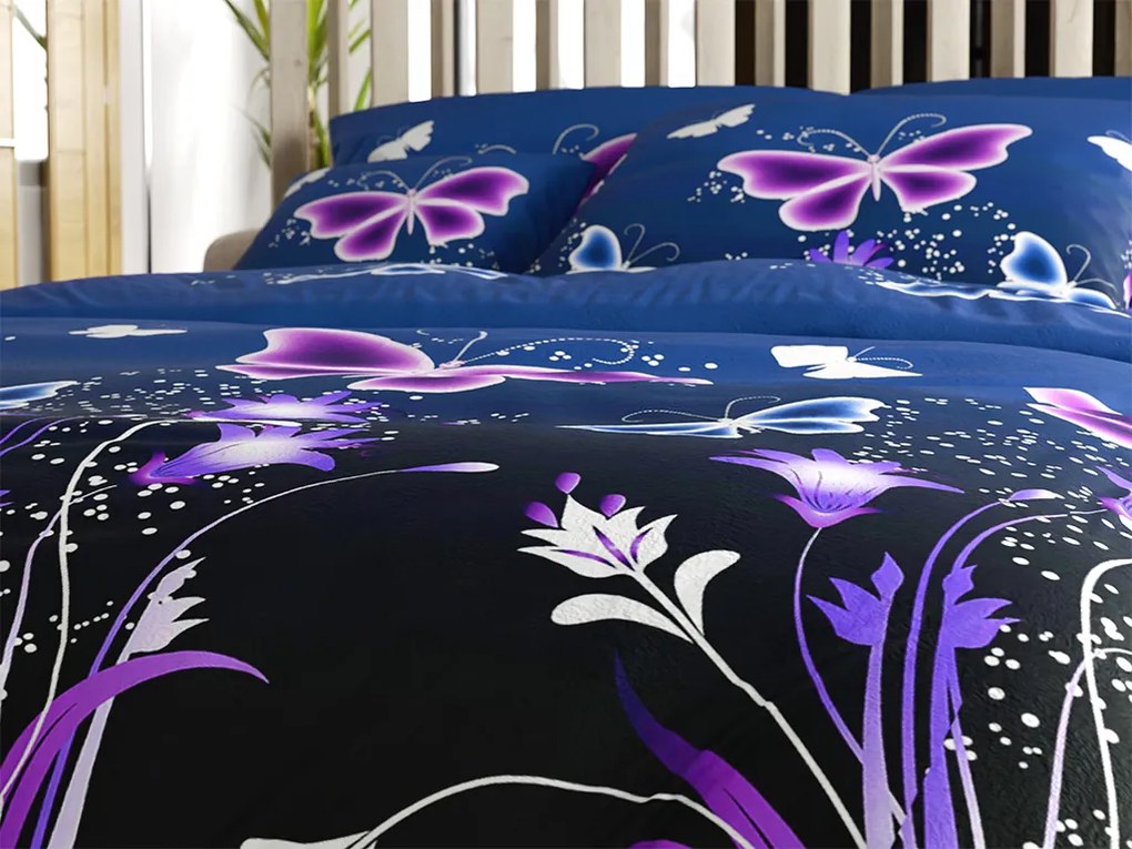 PrzytulneMieszkanie.pl PrzytulneMieszkanie.pl Pościel z mikropluszu VIOLET BUTTERFLY ciemnoniebieska Rozmiar pościeli: 2 szt 70 x 90 cm | 200 x 220 cm