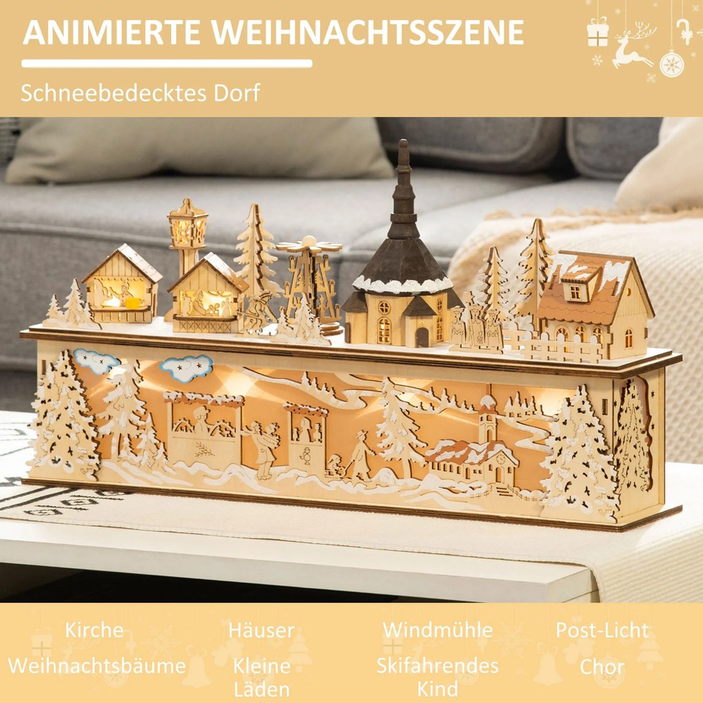 HOMCOM Dekoracja Bożonarodzeniowa, zasnowione miasteczko, 10 diod LED, ciepłe światło, sklejka, 45 x 10 x 25 cm