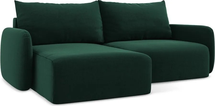 Ciemnozielony aksamitny rozkładany narożnik ze schowkiem (lewostronny/z szezlongiem) Kalena – Makamii