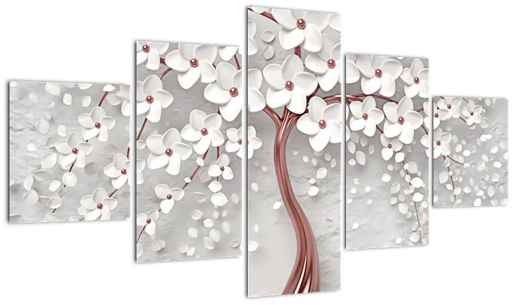 Obraz - Obraz białego drzewa z kwiatami, rosegold (125x70 cm)