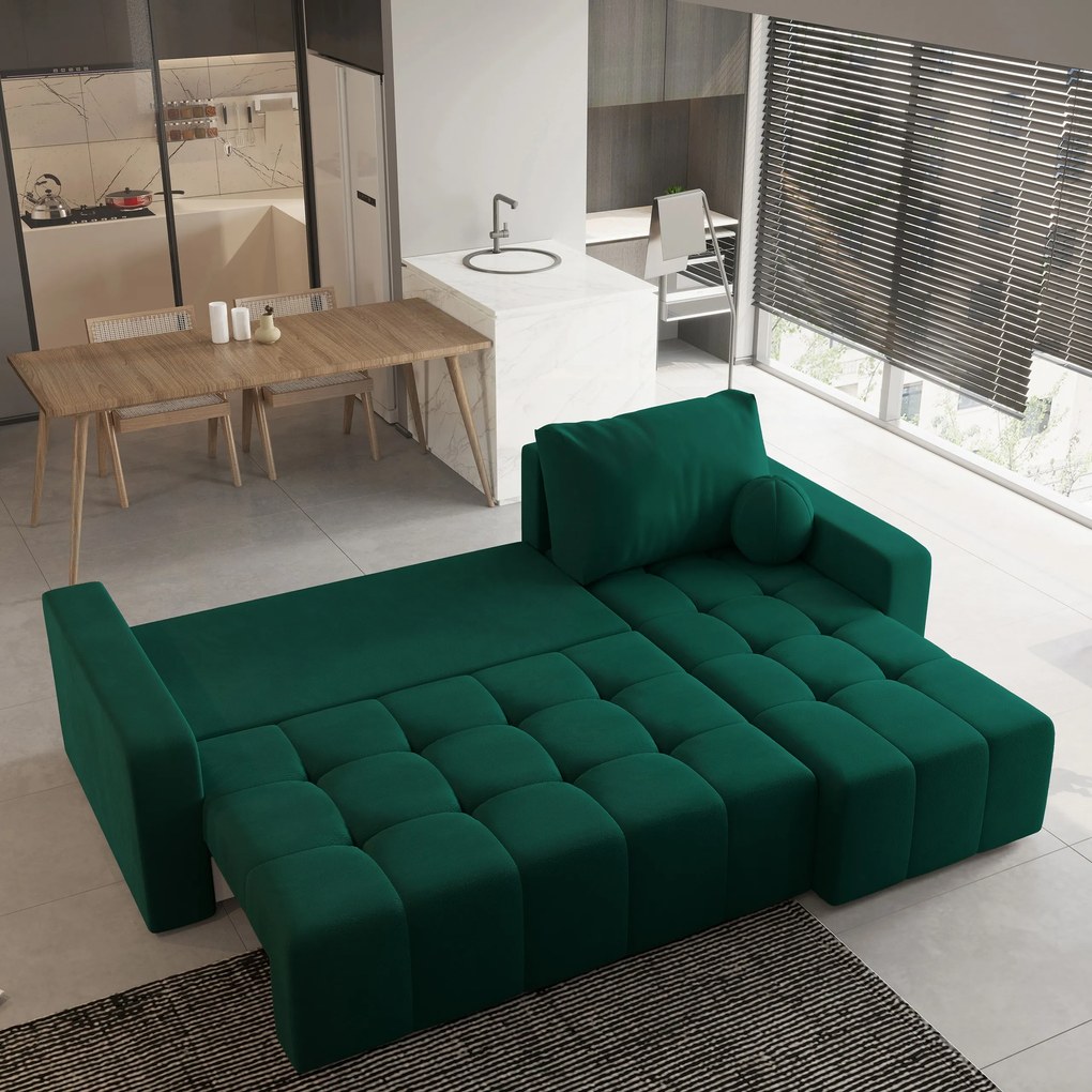 Masseno Narożnik VOLIRA z funkcją spania i pojemnikiem na pościel Narozniki L, Rozkładana sofa - Butelkowa zieleń, KRONOS 19