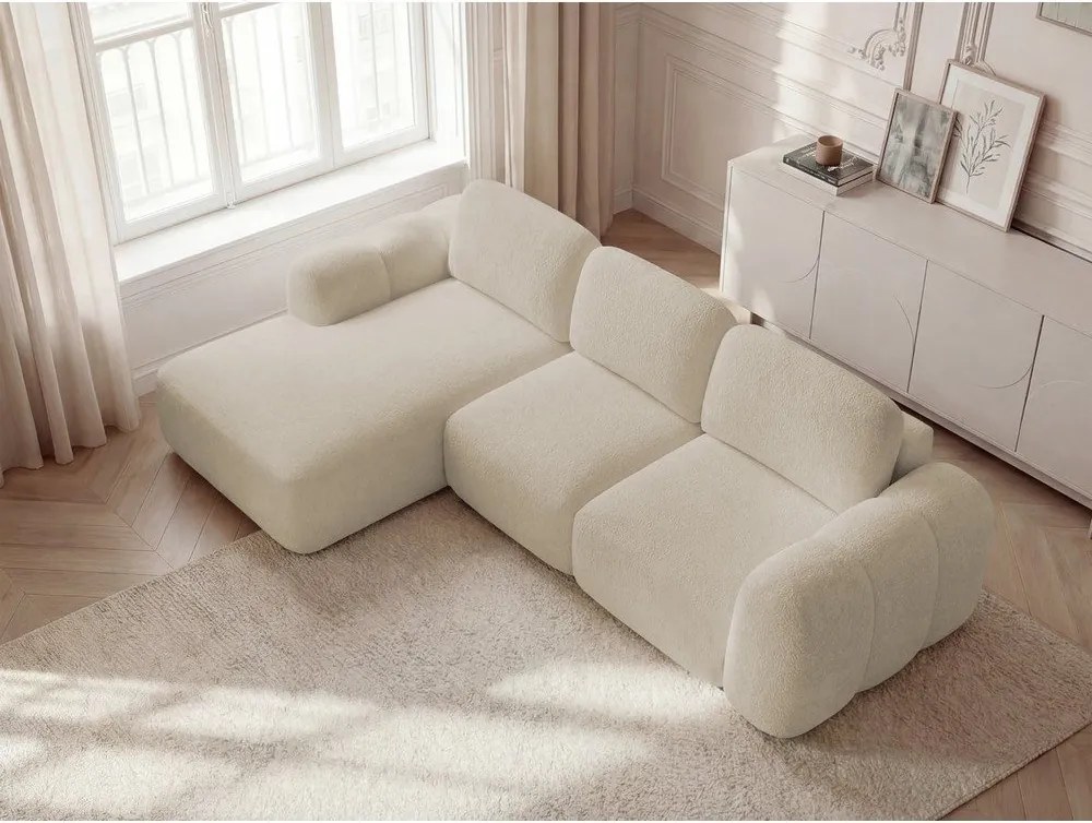 Beżowy rozkładany narożnik z materiału bouclé ze schowkiem (lewostronny/z szezlongiem) Montaigne – Bobochic Paris