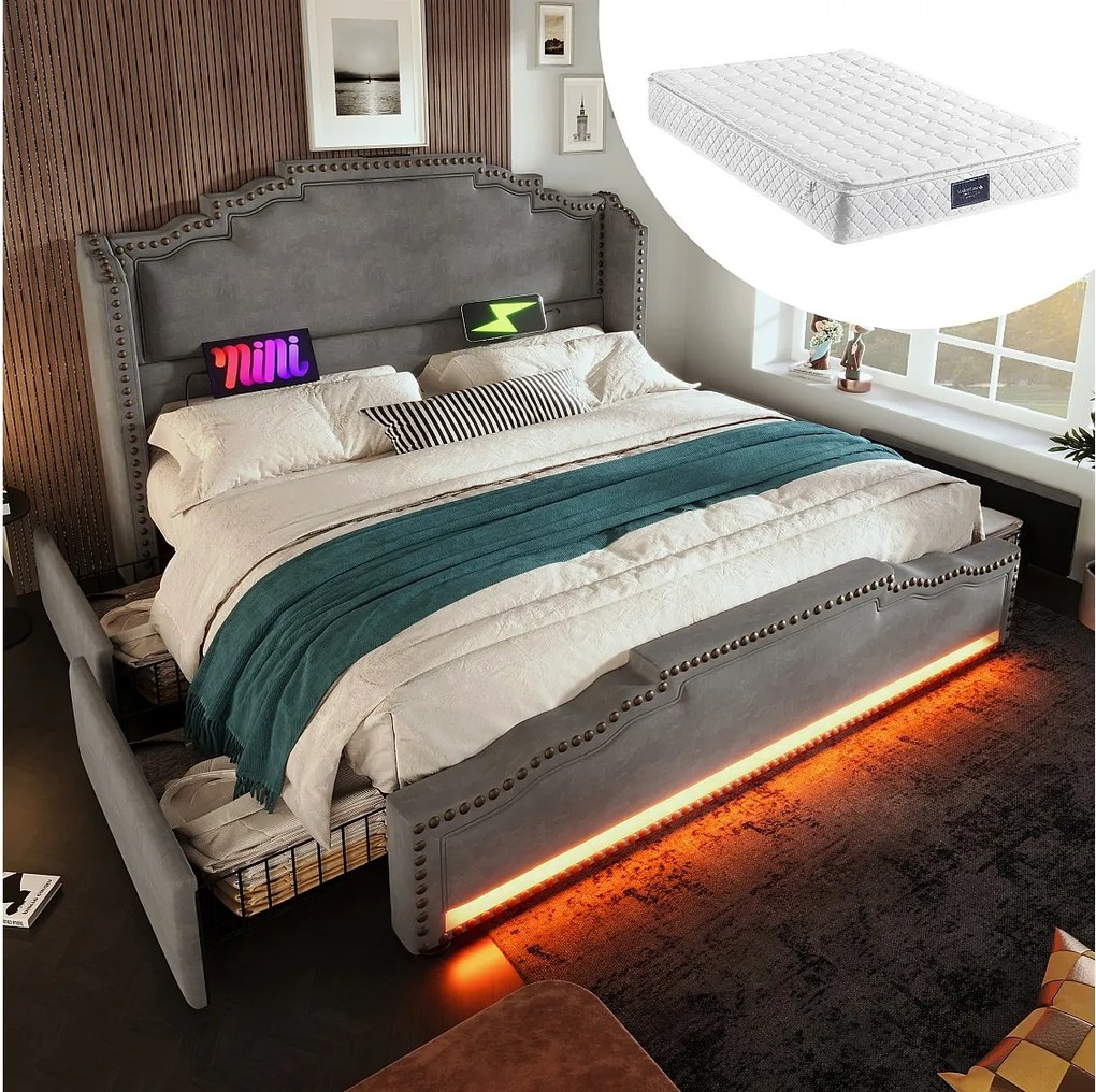 Łóżko tapicerowane podwójne ze schowkiem - 160 x 200 cm - z 4 szufladami + LED + USB - z materacem - aksamitne - szare