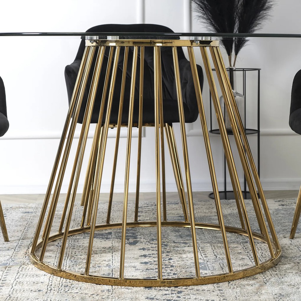 Stół Okrągły Szklany OLIVIER 120 cm ze Złotymi Nogami Nowoczesny do Salonu Glamour