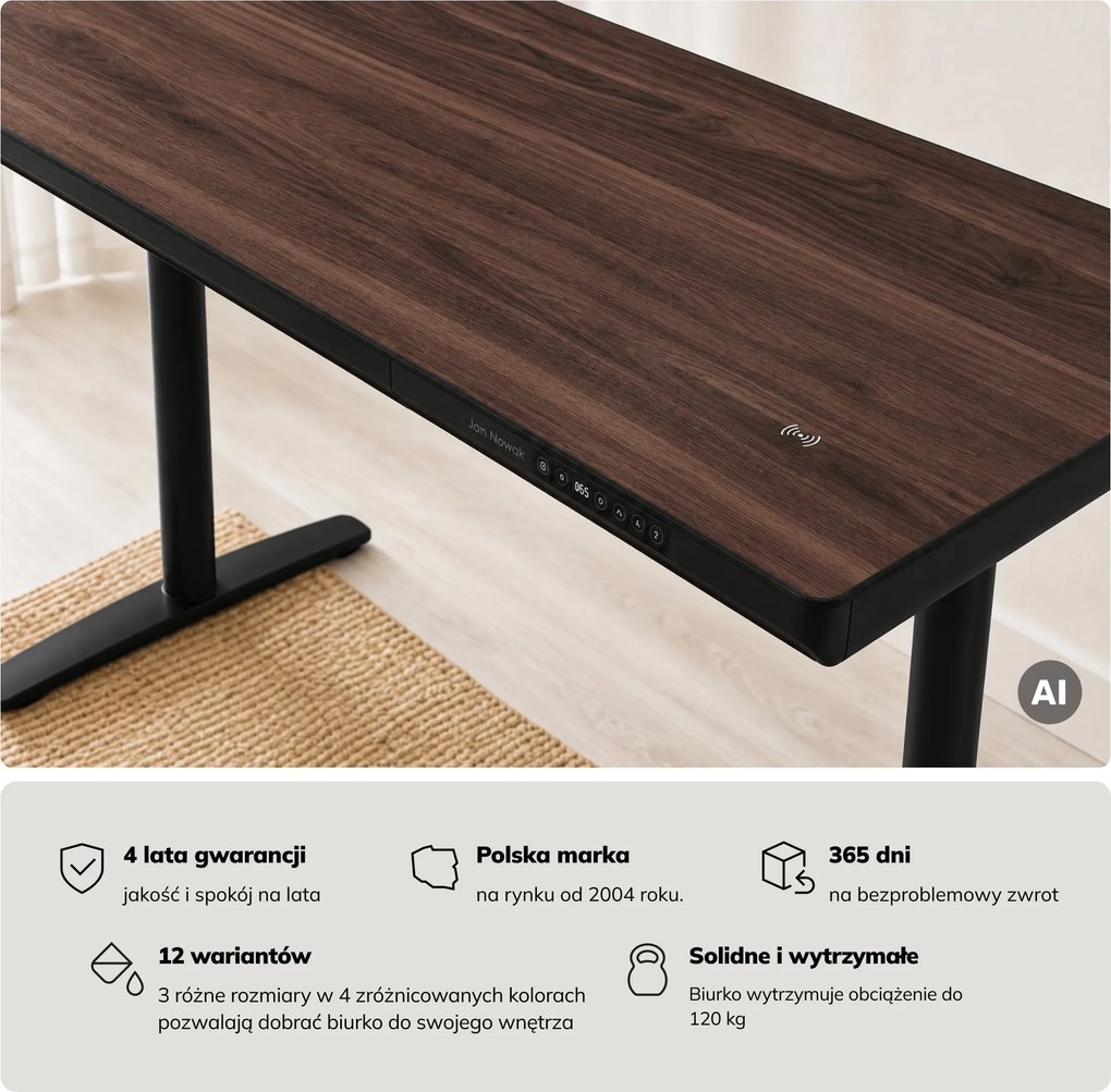 Biurko elektryczne sit-stand z szufladą i ładowarką bezprzewodową Qi czarne/orzech, 1400 mm: ELLIS