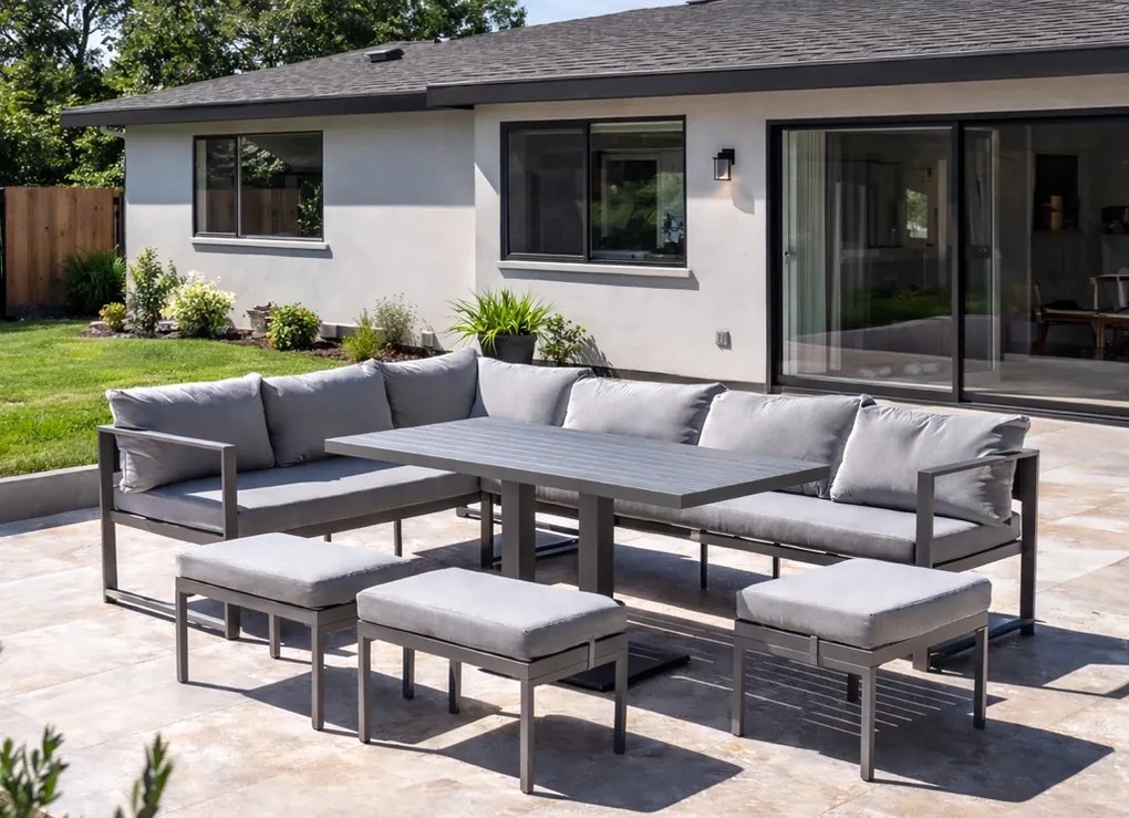Narożnik ogrodowy Bellagio NM21-GR z pufami i stołem, szary, poduszki szare
