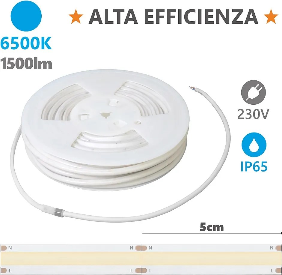 Alcapower Taśma LED 20m 230V IP65 15W/m 1500lm/m 6500K Seria HEM Milky Wysoka Jasność Zewnętrzna i Wewnętrzna, Wysoka Efektywność Energetyczna