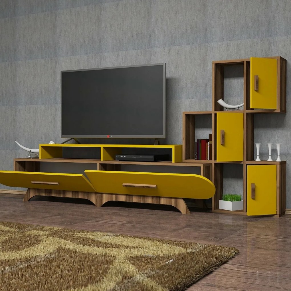 Stolik pod telewizor z szafką Flora S Yellow and Walnut