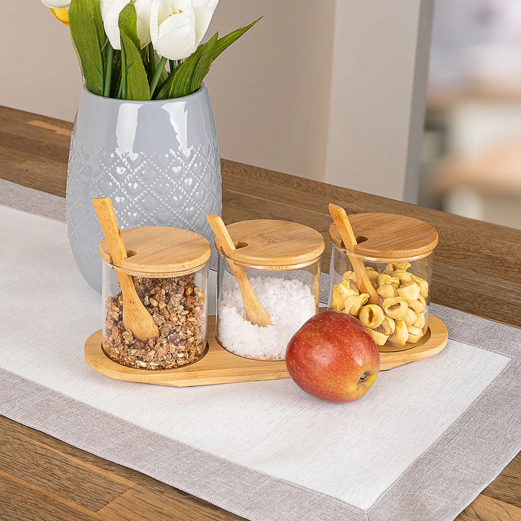 4Home Komplet szklanych pojemników z tacą i łyżeczkami Bamboo, 310 ml
