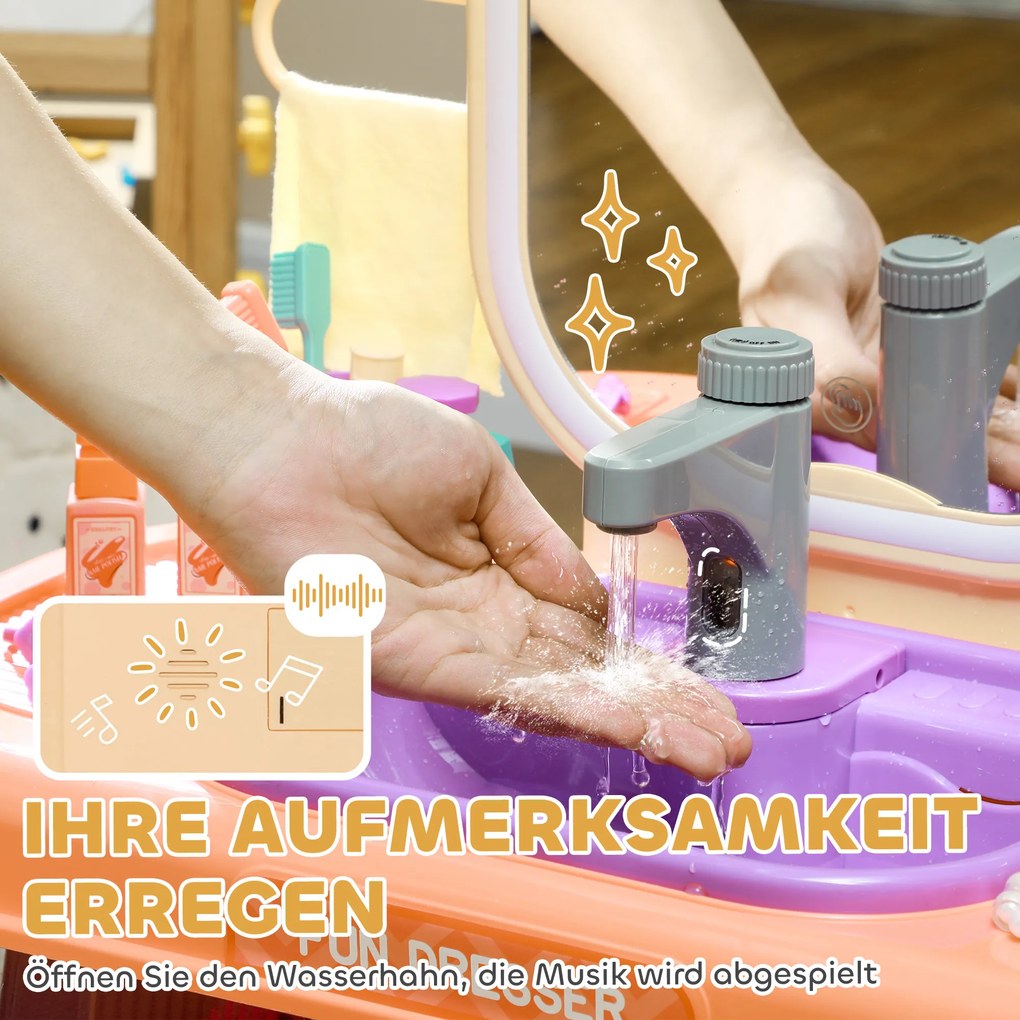 AIYAPLAY Toaletka dla Dzieci z Oświetleniem LED, Muzyką, Kranem, Lustrem Akrylowym, Fioletowa, 55x29x71 cm