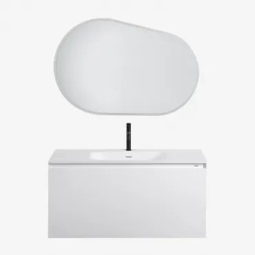 Zestaw Drewnianych Mebli Łazienkowych Macrae Ze Zintegrowaną Umywalką Biała & Owalna Lampa Led I Przeciwmgielna 100x80 - Sklum