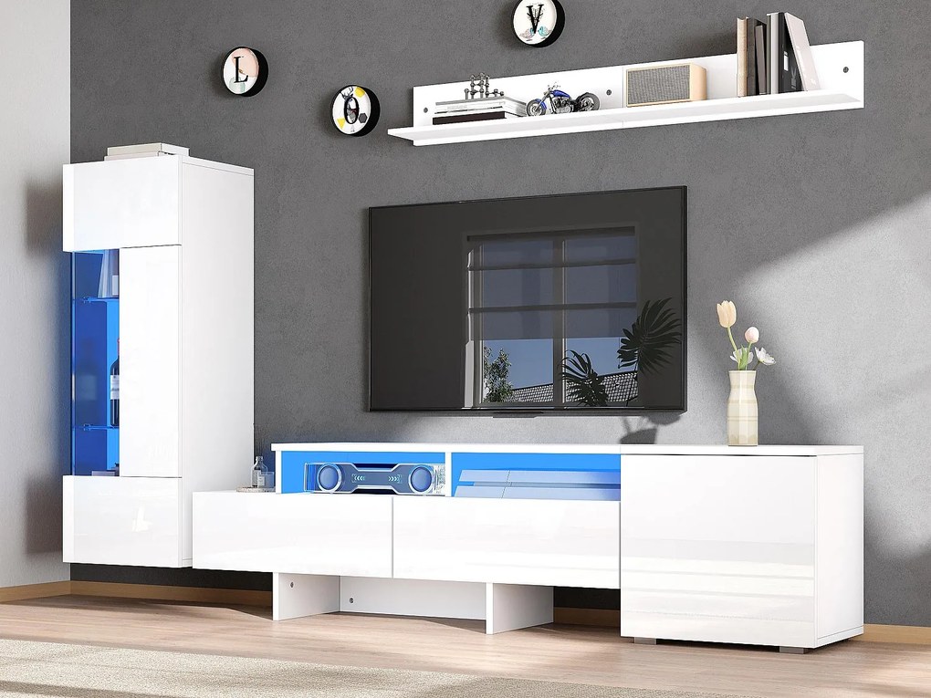 Zestaw mebli TV 3 części - Meble TV + witryna + półka ścienna - Oświetlenie LED - 2 drzwi + 2 szuflady - Wykończenie błyszczące - Biały