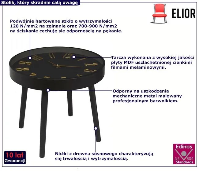 Czarny okrągły stolik kawowy z zegarem - Wiora