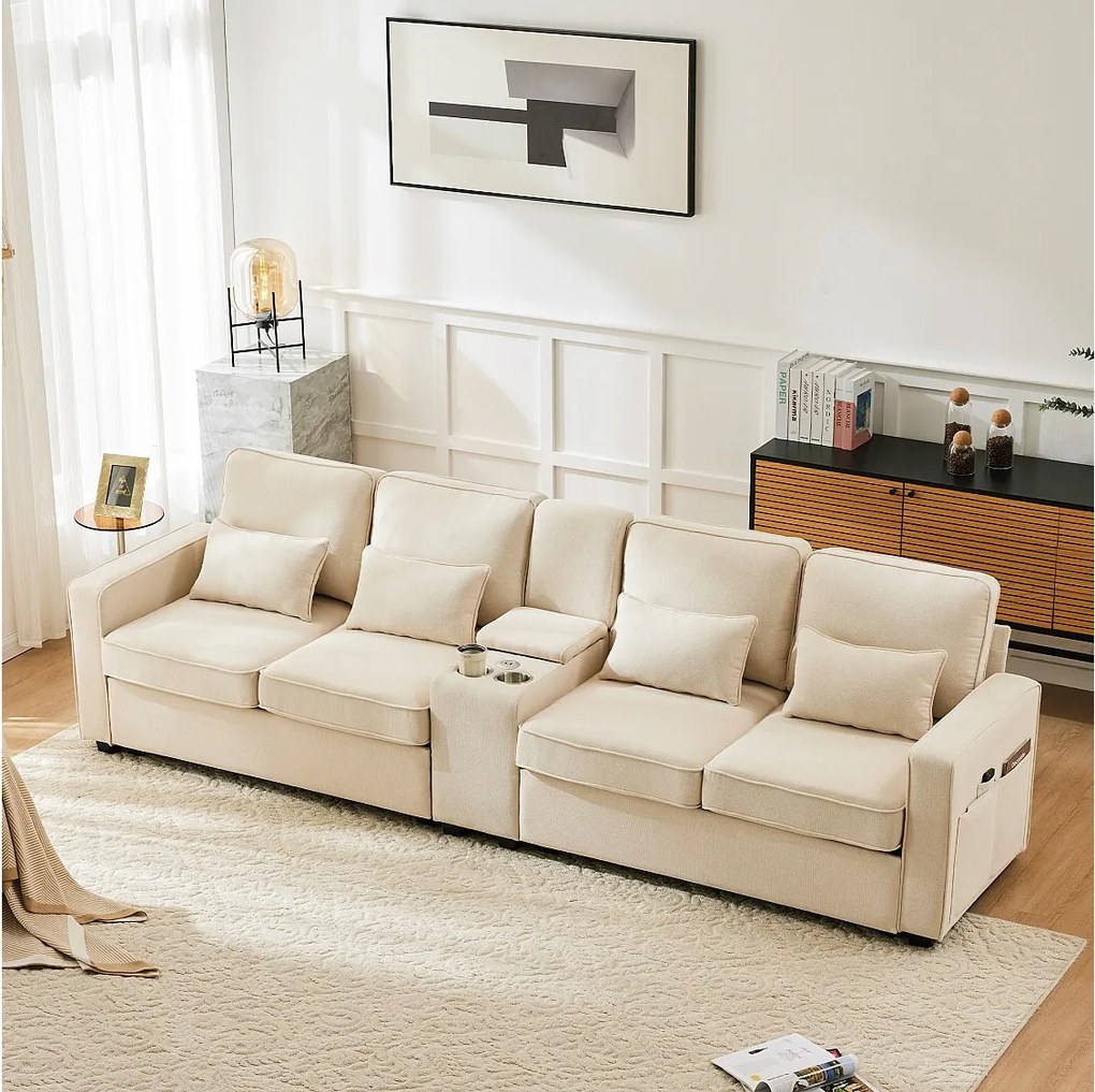 Sofa 4-osobowa - Sofa z 2 uchwytami na kubki i 2 ładowarkami USB - kieszeniami w podłokietnikach i 4 poduszkami - beżowy len