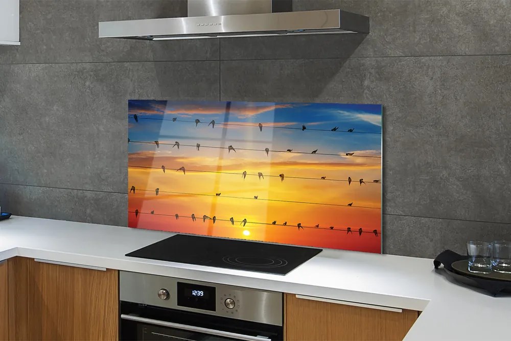 Panel Szklany Ptaki na Drutach o Zmierzchu