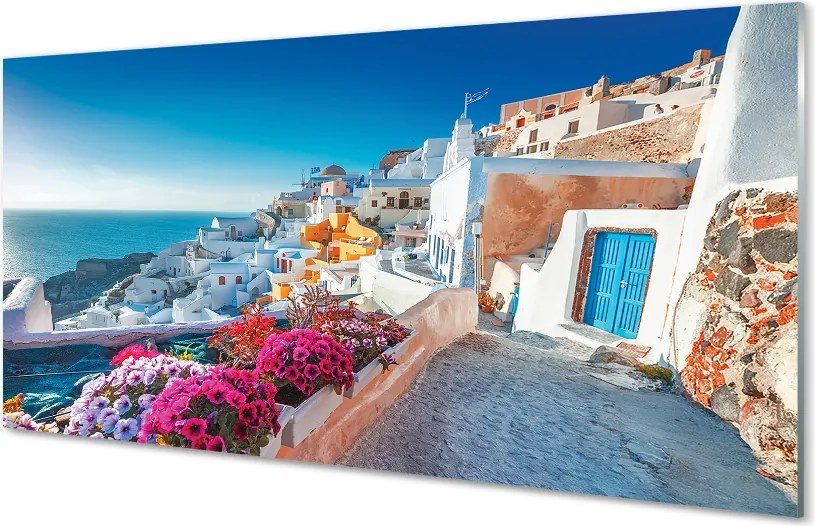 Szkło do Kuchni na Ścianę Biała Architektura i Kwiaty Grecji