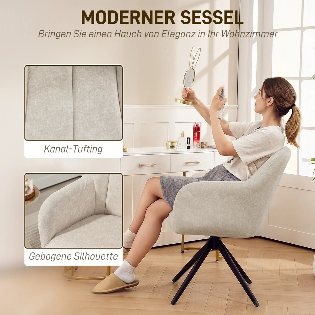 HOMCOM Obrotowe Krzesło Akcentowe, Fotel z Tkaniny, Podłokietniki, Nogi Stalowe, Do Salonu, Sypialni, Biura, Kolor Beżowy