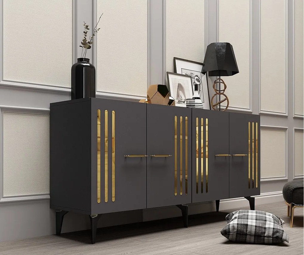 Komoda – 150 cm x 79 cm x 40 cm – Antracyt i złoto – Płyta wiórowa