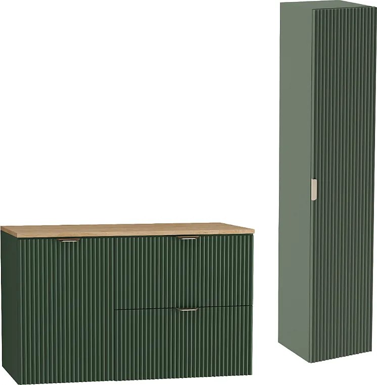 Zielony Zestaw do Łazienki 100cm Szafka Blat Orzech Szafka z Koszem Słupek Ryflowane Fronty