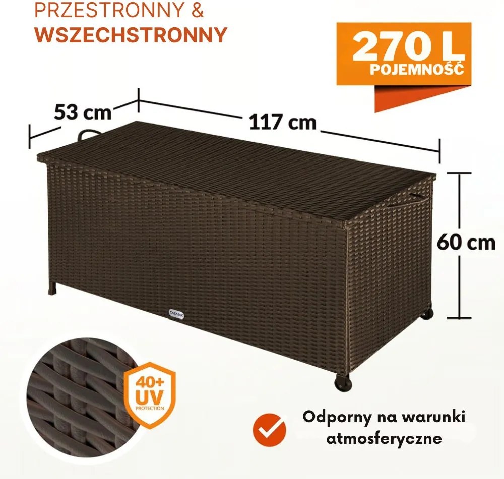 Polirattanowy pojemnik na schowek RICCO, 270L, 117x53x60cm, ciemnobrązowy Casaria