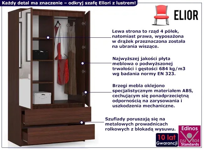 Klasyczna szafa na ubrania z lustrem wenge A7-N00