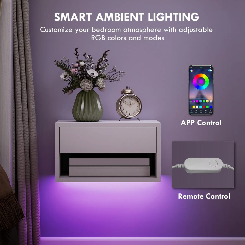 HOMCOM Zestaw stolików nocnych 2 szt. z oświetleniem RGB-LED, unoszący się stolik nocny z szufladą i otwartą półką, biały | Aosom PL