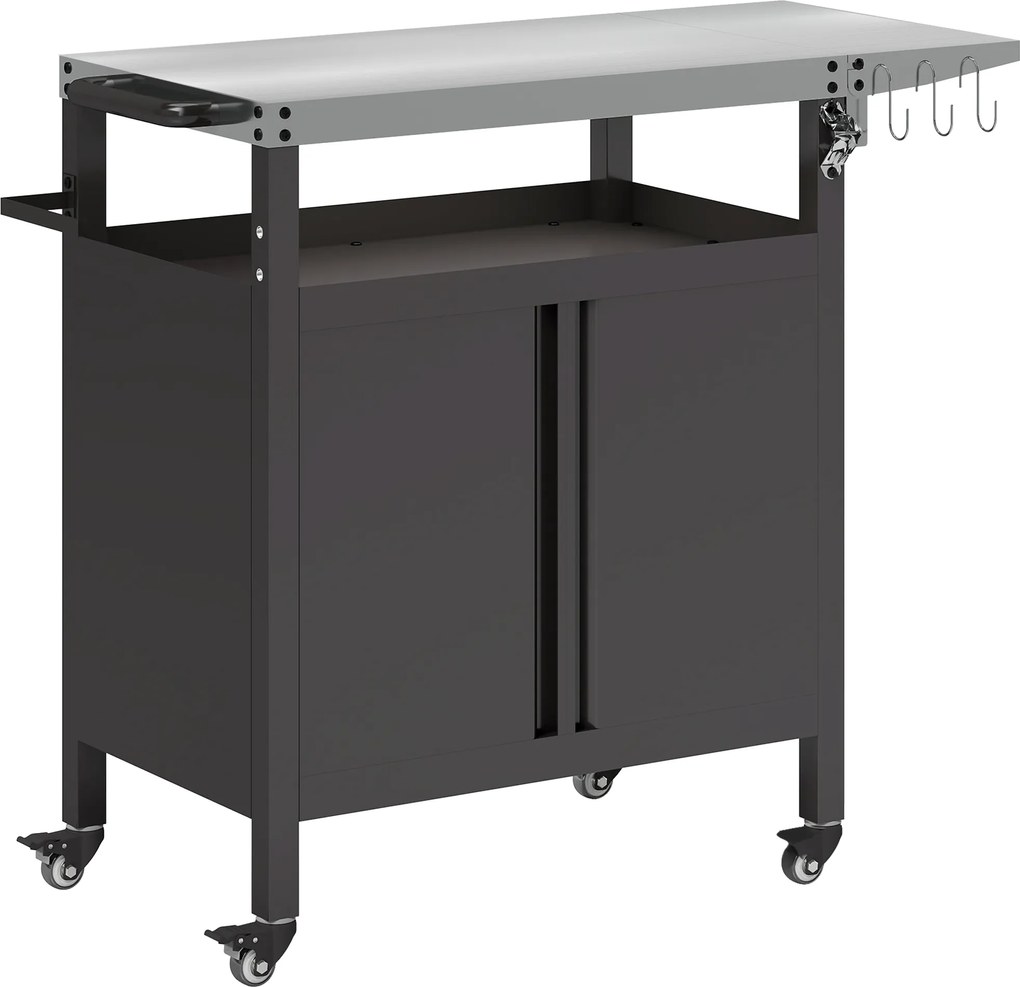 Outsunny Wózek Grillowy 3-Poziomy z Powierzchnią Roboczą Szafką Haczykami i Kołami 116x50x93cm Czarny