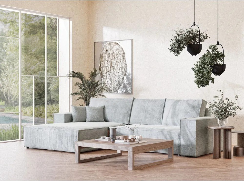 Jasnoszary rozkładany narożnik ze schowkiem z tkaniny szenilowej (lewostronny/z szezlongiem) Maze – Maison de Rêve