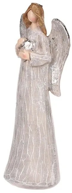 Dekoracja Anioł ze srebrnymi skrzydłami i sercem, polyresin, szary