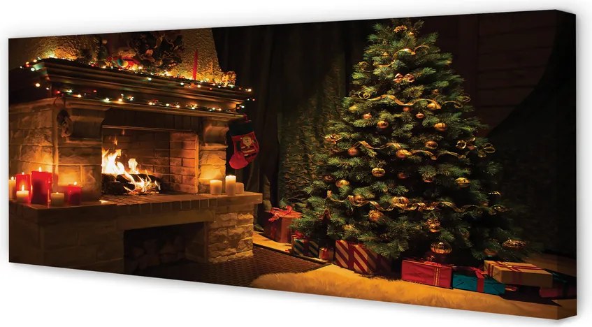 Duży obraz na płótnie Choinka, Kominek, Dekoracje i Prezenty