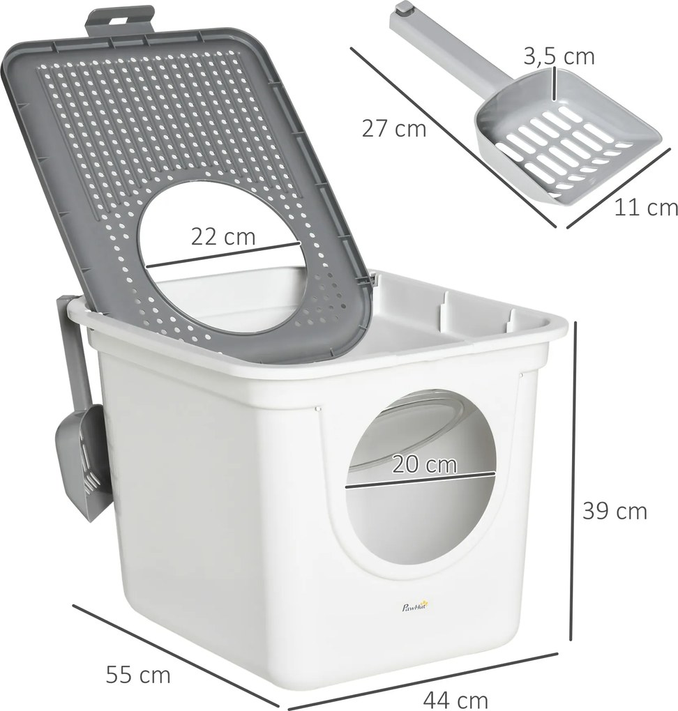 PawHut Kuweta dla kota z pokrywą i łopatką Higieniczna i łatwa w czyszczeniu Biała | Aosom PL