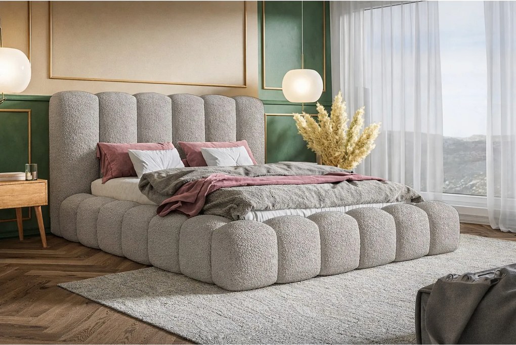 Łóżko tapicerowane 160x200 Madeno - gruba pianka, pojemnik, stelaż - tkanina boucle, jasny szary (Catch Me 24)