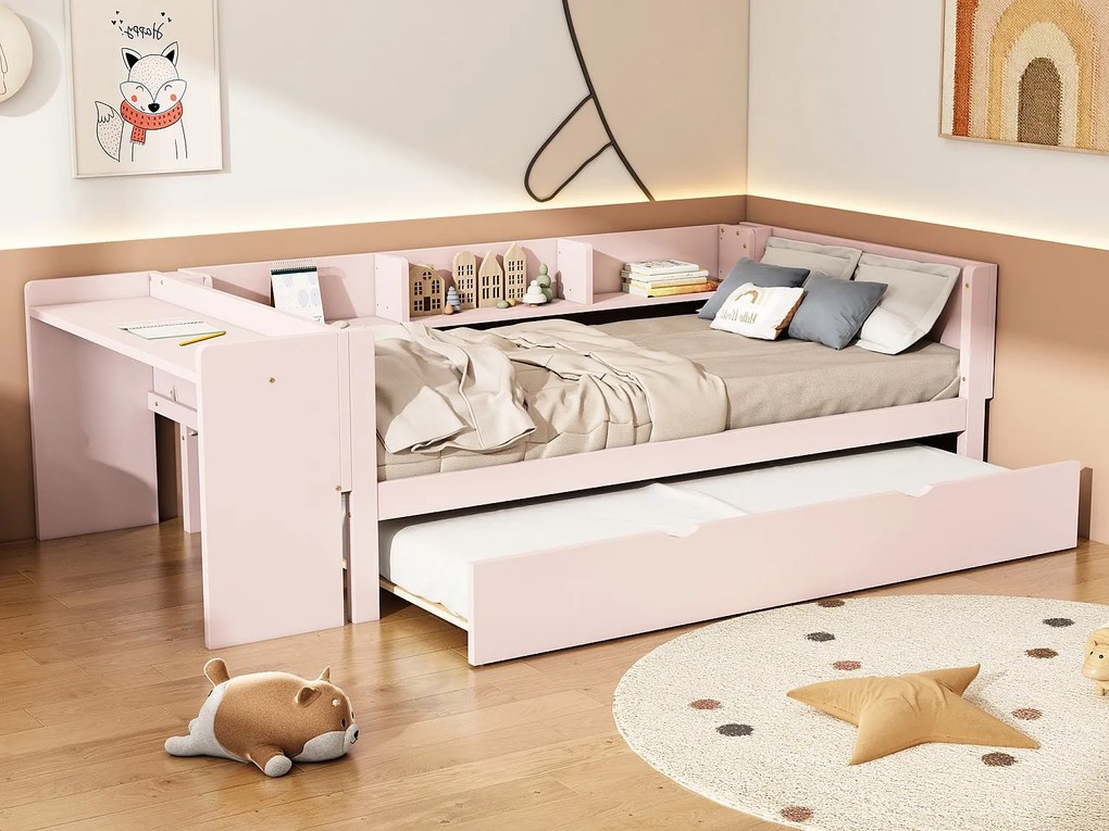 Łóżko wysuwane 90 x 200 cm + 90 x 180 cm z biurkiem i 3 półkami - lite drewno sosnowe - stelaż z listew - różowe