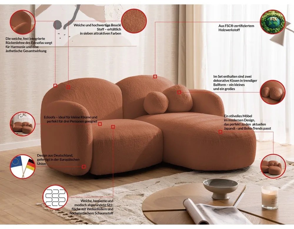 Narożnik z materiału bouclé (prawostronny/z szezlongiem) w kolorze terakoty Orbit – Ropez