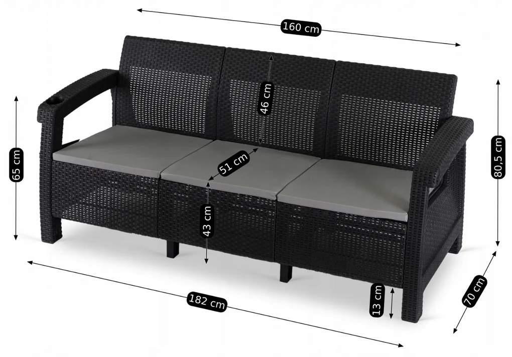 Sofa Ogrodowa FLINT Technorattan Czarna Trzyosobowa