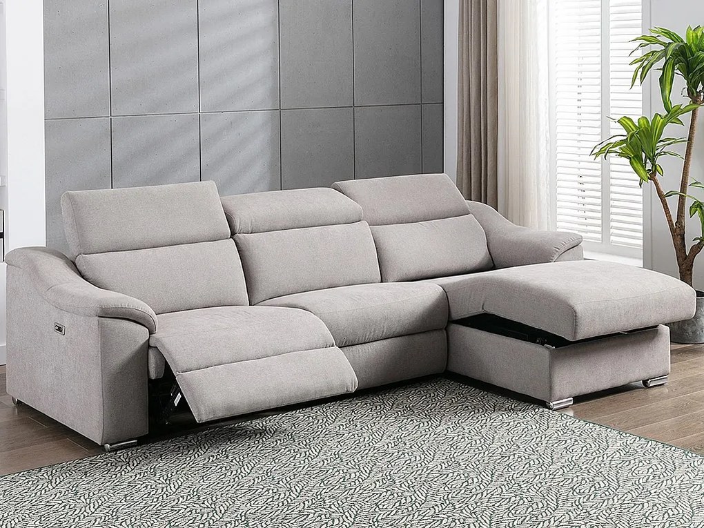 Kanapa narożna PEDRERA z funkcją relax, z tkaniny w kolorze jasnoszarym – prawoskrętna