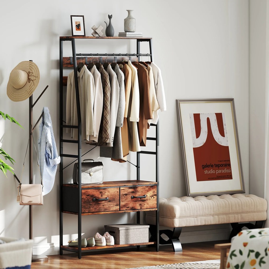 HOMCOM Garderoba z półką na buty, stojak na płaszcze z siedziskiem, 10 haczyków, 2 materiałowe szuflady, drążek, płyta wiórowa, metal, brązowy