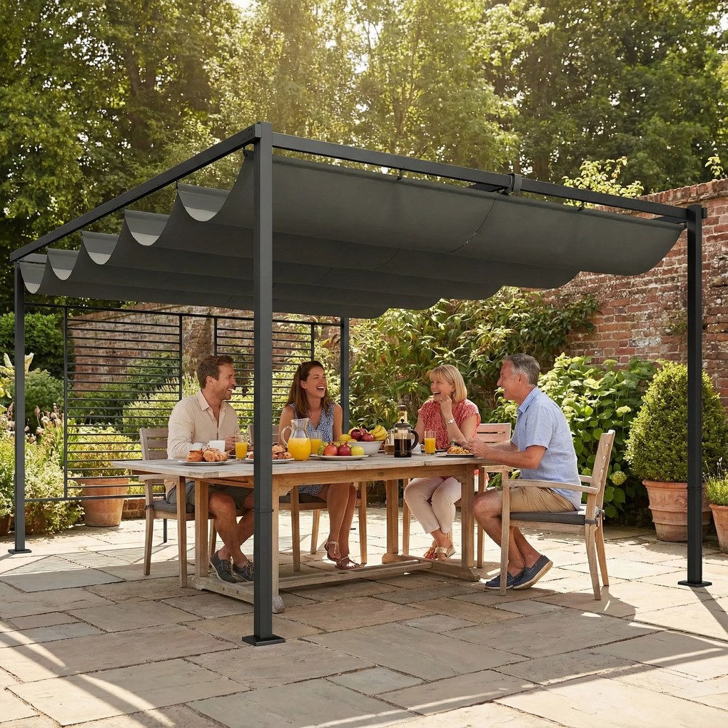 Outsunny Pergola 3,87 x 2,97 m z wysuwanym dachem, 2 panele prywatności, UV50+, ciemnoszara | Aosom PL