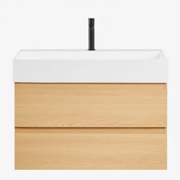 Zestaw Wiszących Mebli Łazienkowych Z Drewna I Forniru Jesionowego Zintegrowany Z Umywalką Ona Naturalna & Bezlusterkowiec & - Sklum