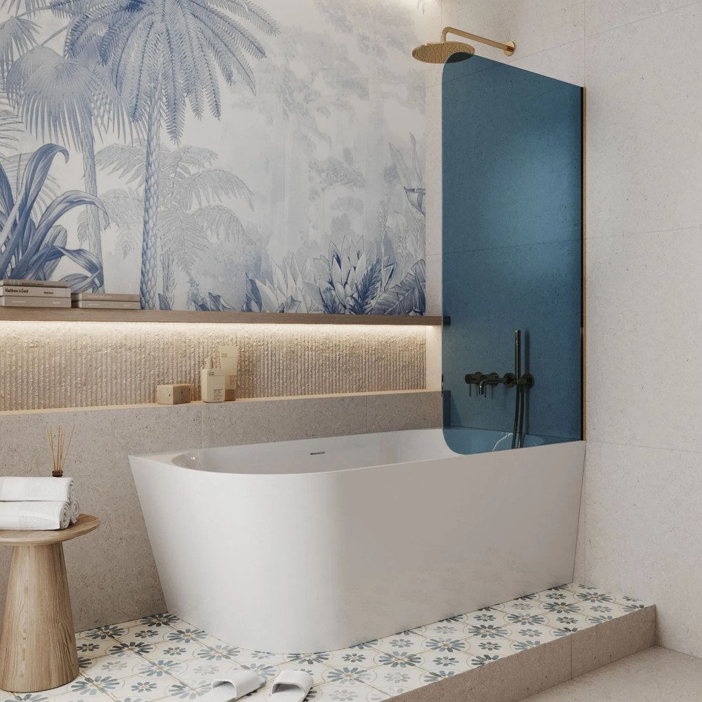 Parawan nawannowy prostokątny MOLIS Round Blue szkło niebieskie | Różne rozmiary : Kolor profili kabiny - Miedz szczotkowana, Rozmiar - 80x150 cm