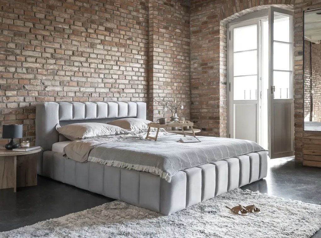 Łóżko tapicerowane LAMICA VELVET 160x200 jasnoszare z pojemnikiem ELTAP